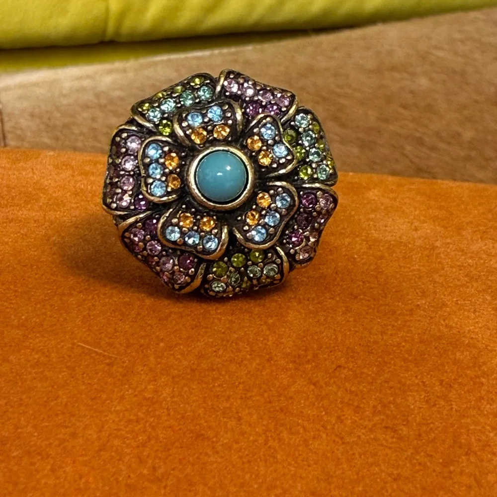 Heidi Daus Floral Crystal Ring Size 8 Turquoise Cabochon Statement Jewelry Glam